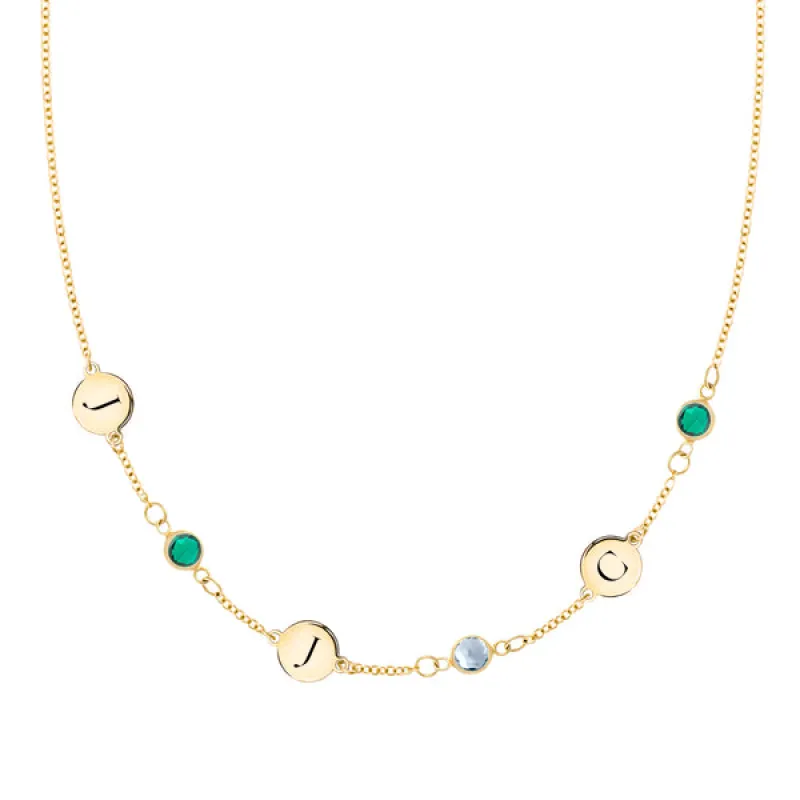 Personalized Classic 3 Letter & 3 Birthstone Necklace in 14k Gold (Single Spacing) sold by Haverhill