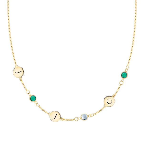 Personalized Classic 3 Letter & 3 Birthstone Necklace in 14k Gold (Single Spacing) sold by Haverhill