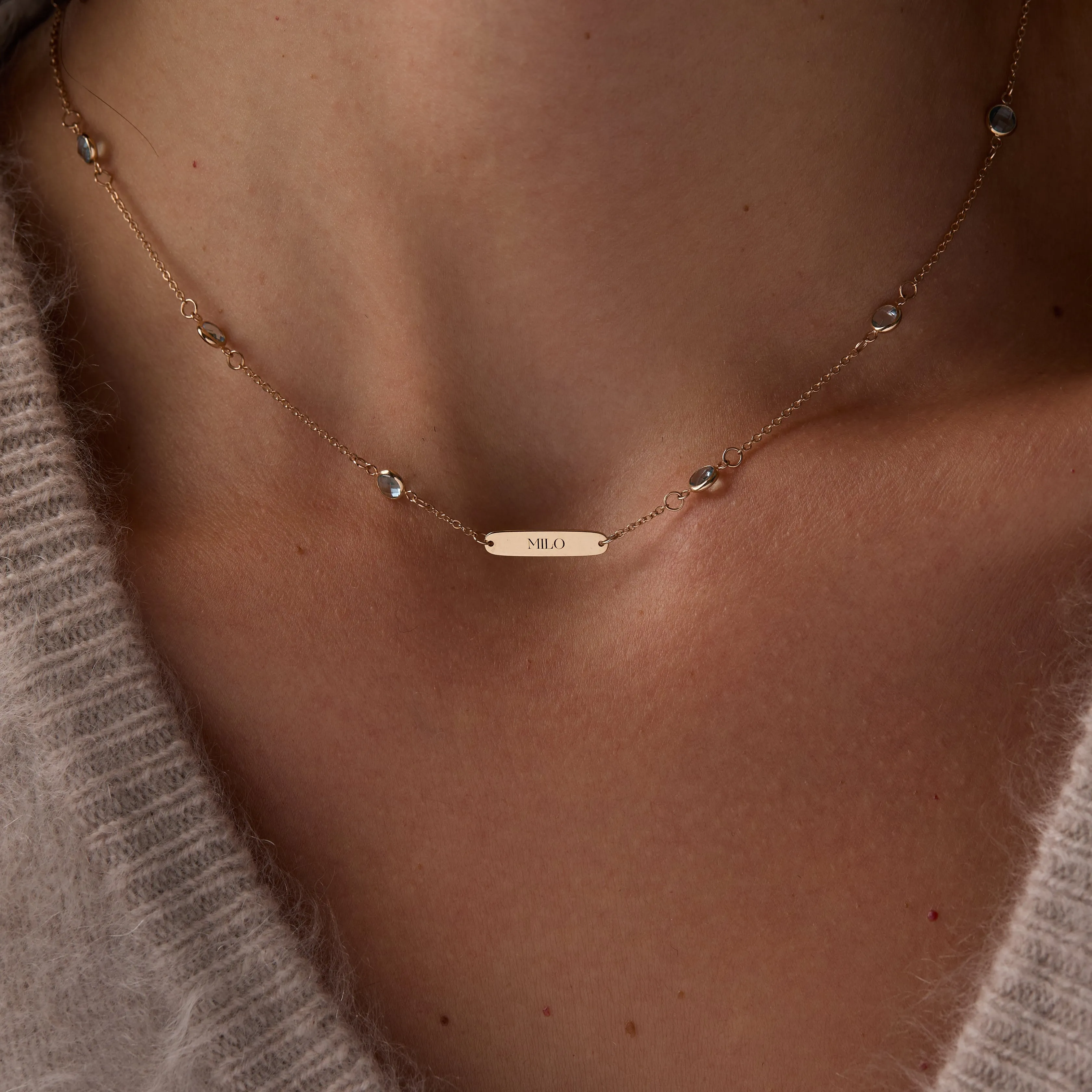 1 Nameplate & 10 Petite Nantucket Blue Topaz Necklace in 14k Gold (December) sold by Haverhill product image thumbnail 3