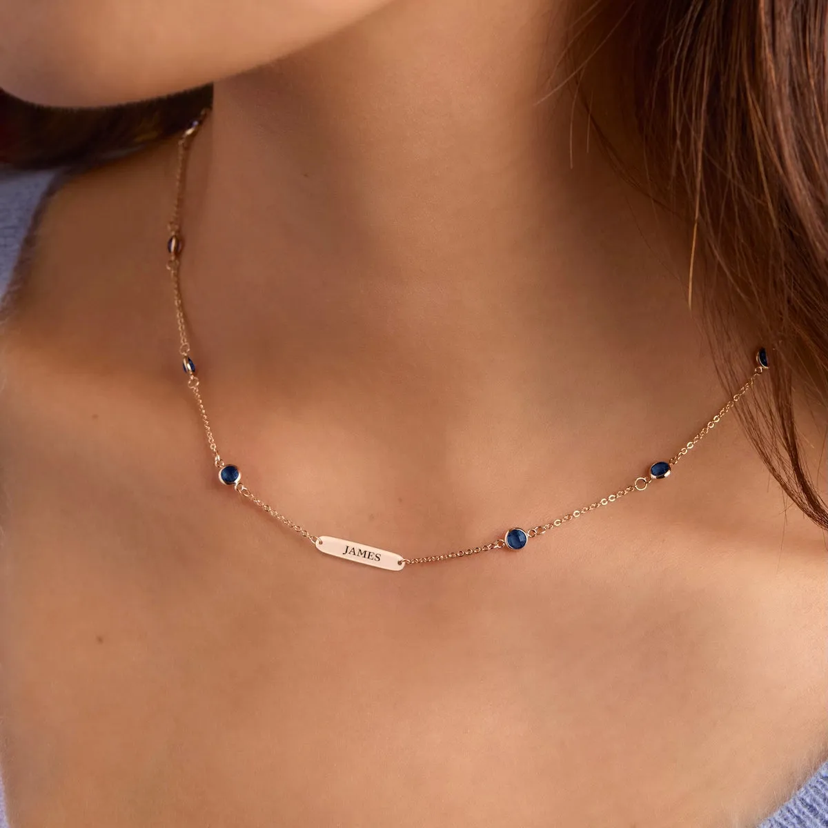 1 Nameplate & 10 Petite Sapphire Necklace in 14k Gold (September) sold by Haverhill product image thumbnail 3