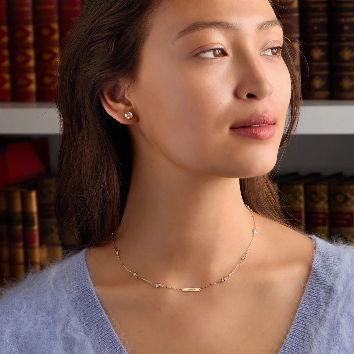 1 Nameplate & 10 Petite White Topaz Necklace in 14k Gold (April) sold by Haverhill product image thumbnail 2