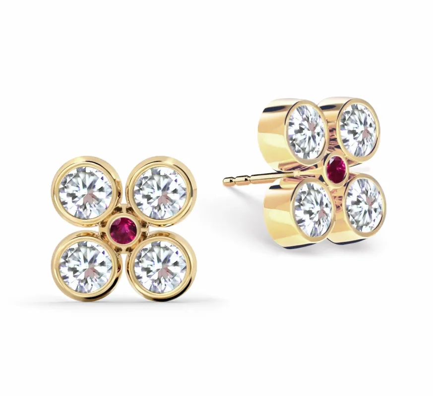 Barrington Quatrefoil Diamond & Ruby Earrings in 14k Gold (July) sold by Haverhill