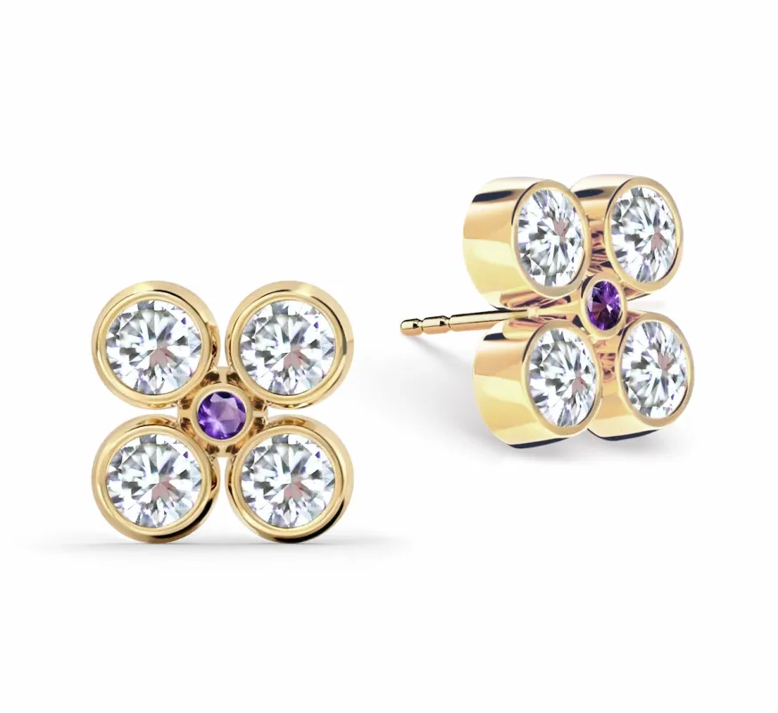 Barrington Quatrefoil Diamond & Amethyst Earrings in 14k Gold (February) sold by Haverhill