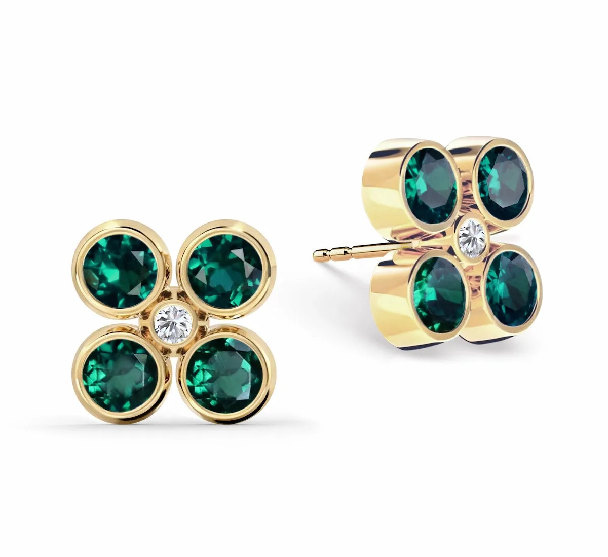 Barrington Quatrefoil Emerald & Diamond Earrings in 14k Gold (May) sold by Haverhill