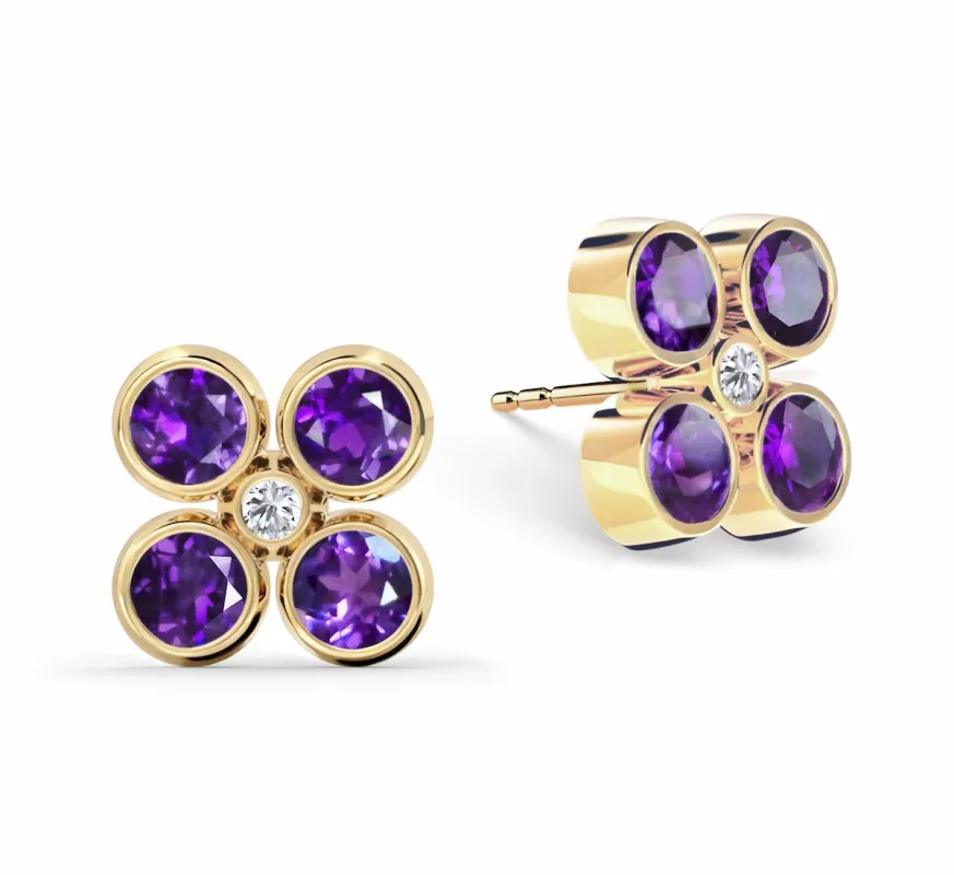 Barrington Quatrefoil Amethyst & Diamond Earrings in 14k Gold (February) sold by Haverhill
