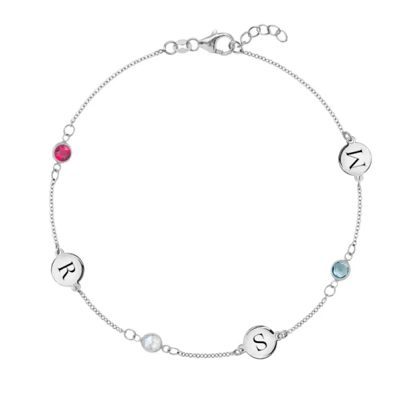 Personalized Classic 3 Letter & 3 Birthstone Bracelet in 14k Gold sold by Haverhill