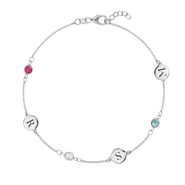 Personalized Classic 3 Letter & 3 Birthstone Bracelet in 14k Gold sold by Haverhill