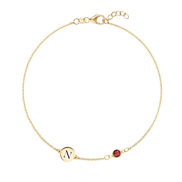 Personalized 1 Letter & 1 Classic Garnet Bracelet in 14k Gold (January) sold by Haverhill