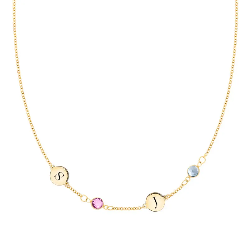 Personalized Classic 2 Letter & 2 Birthstone Necklace in 14k Gold (Single Spacing) sold by Haverhill