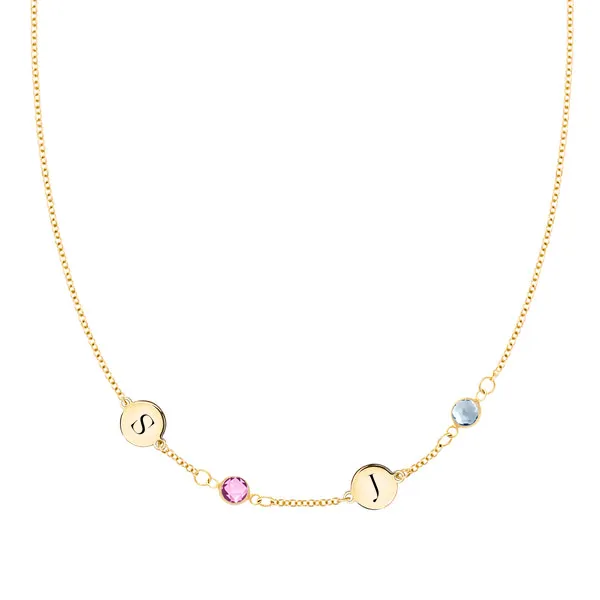 Personalized Classic 2 Letter & 2 Birthstone Necklace in 14k Gold (Single Spacing) sold by Haverhill