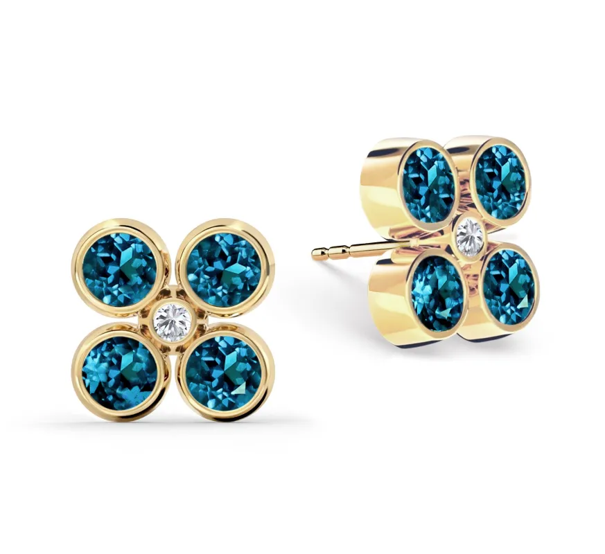 Barrington Quatrefoil Atlantic Blue Topaz & Diamond Earrings in 14k Gold (December) made by Haverhill