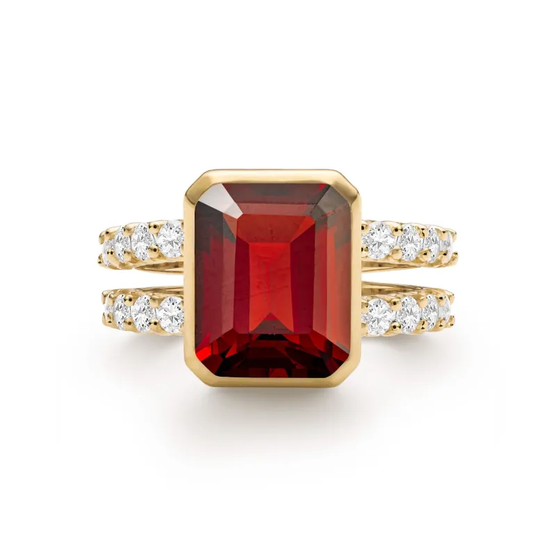 The Vault: Warren Vertical Garnet Ring with Diamonds, Yellow Gold Size 6.5 made by Haverhill