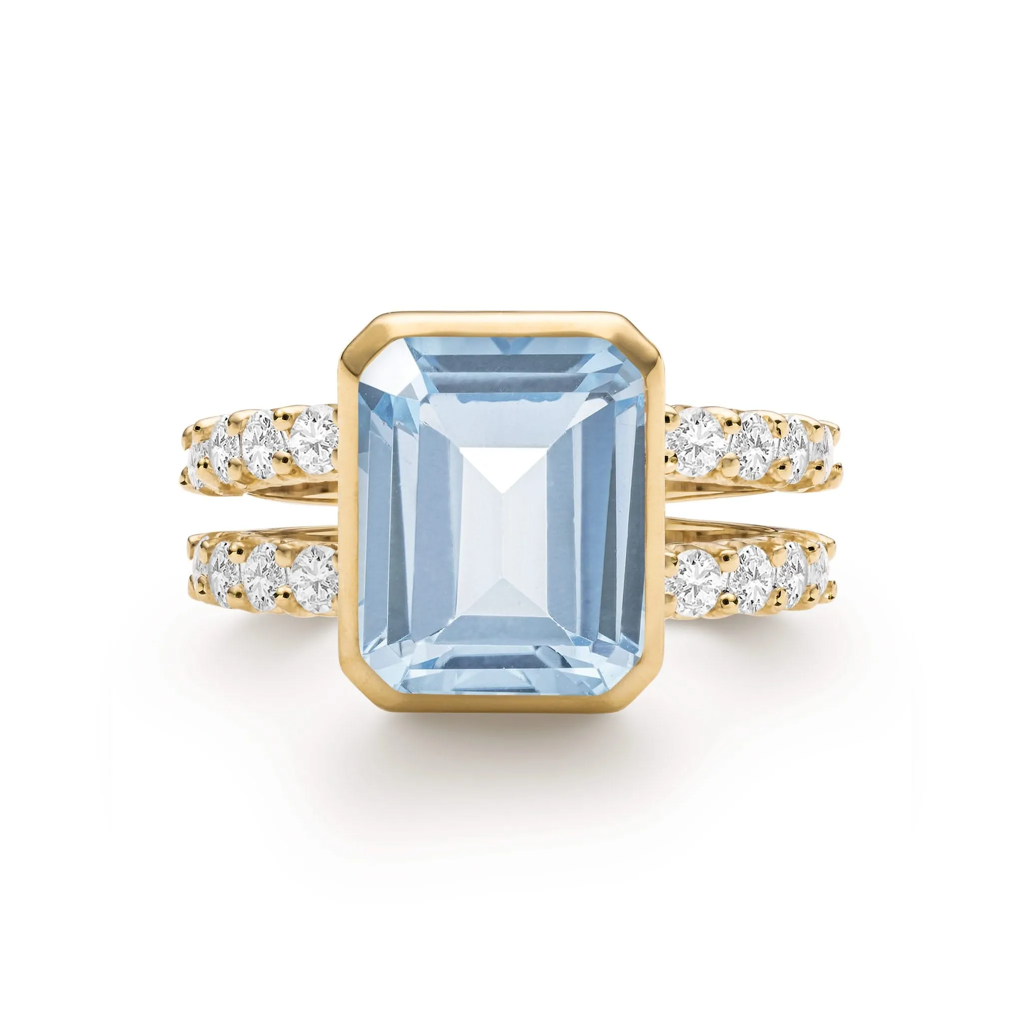 The Vault: Warren Vertical Aquamarine Ring with Diamonds, Yellow Gold Size 7.5 sold by Haverhill