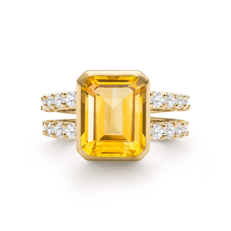The Vault: Warren Vertical Citrine Ring with Diamonds, Yellow Gold Size 5 made by Haverhill