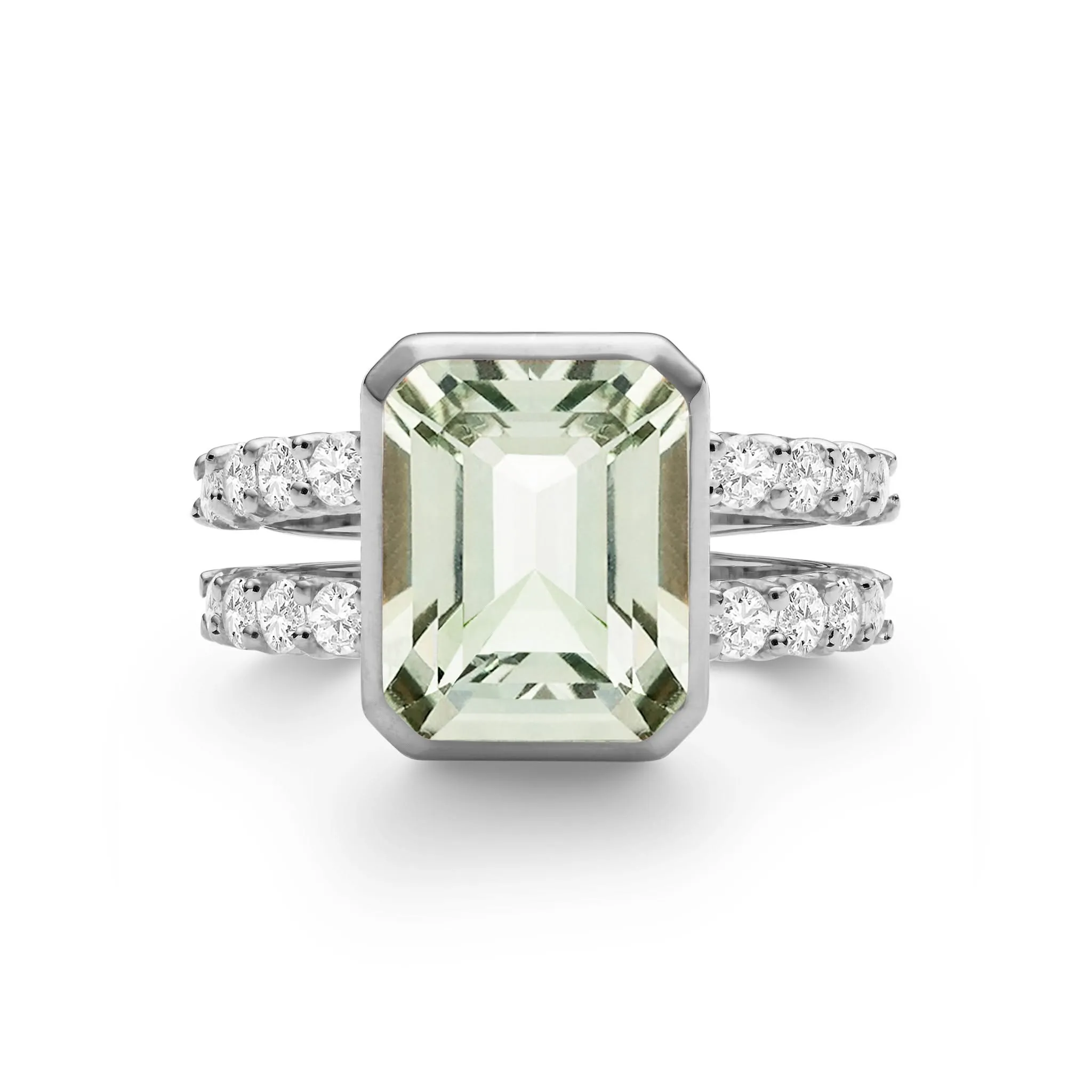 The Vault: Warren Vertical Green Amethyst Ring with Diamonds, White Gold Size 4.5 sold by Haverhill