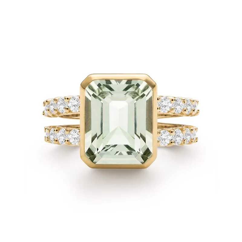 The Vault: Warren Vertical Green Amethyst Ring with Diamonds, Yellow Gold Size 8 made by Haverhill