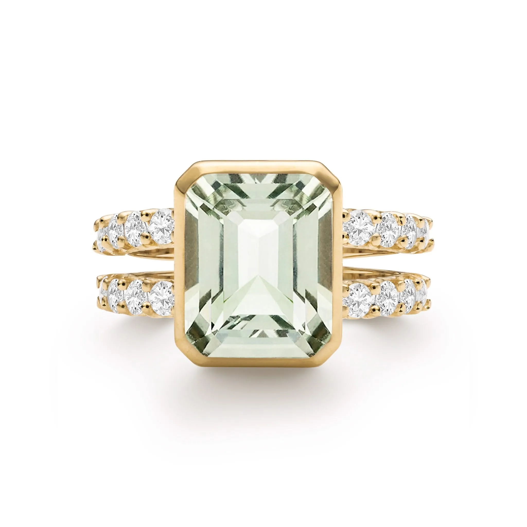 The Vault: Warren Vertical Green Amethyst Ring with Diamonds, Yellow Gold Size 8 sold by Haverhill