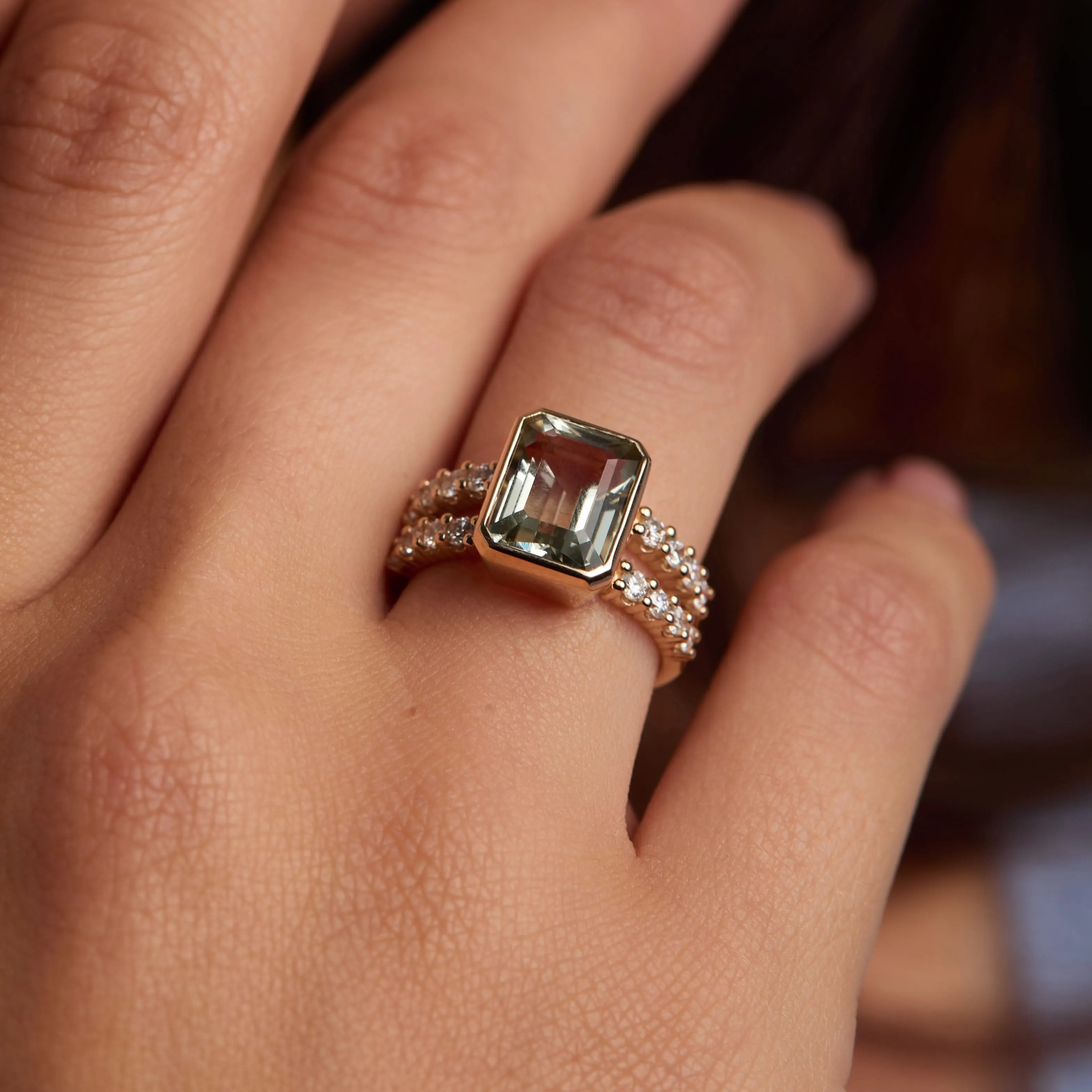The Vault: Warren Vertical Green Amethyst Ring with Diamonds, Yellow Gold Size 8 sold by Haverhill product image thumbnail 3