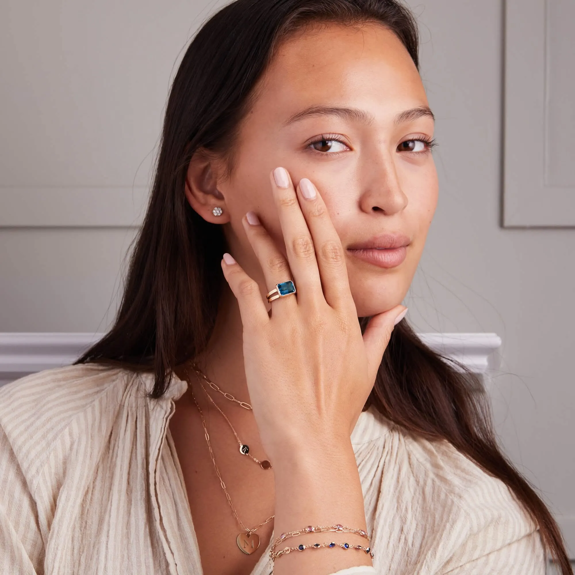 The Vault: Warren Horizontal Atlantic Blue Topaz Ring, Yellow Gold Size 4.5 sold by Haverhill product image thumbnail 2