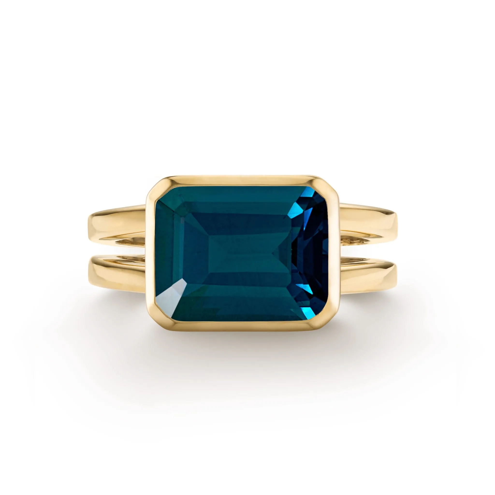 The Vault: Warren Horizontal Atlantic Blue Topaz Ring, Yellow Gold Size 4.5 sold by Haverhill