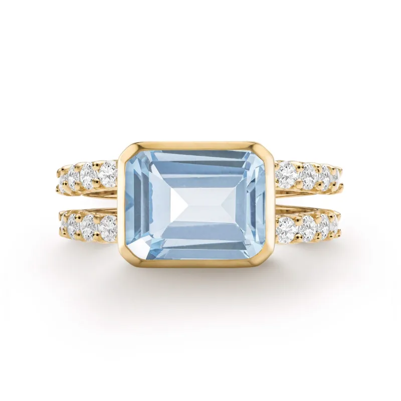 The Vault: Warren Horizontal Aquamarine Ring with Diamonds, Yellow Gold Size 7 made by Haverhill