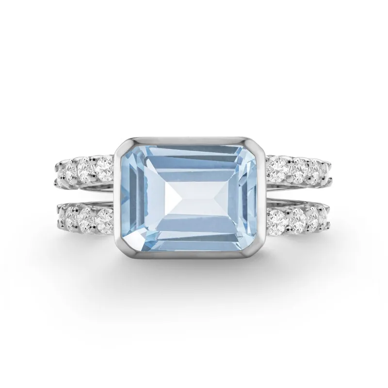 The Vault: Warren Horizontal Aquamarine Ring with Diamonds, White Gold Size 7 made by Haverhill