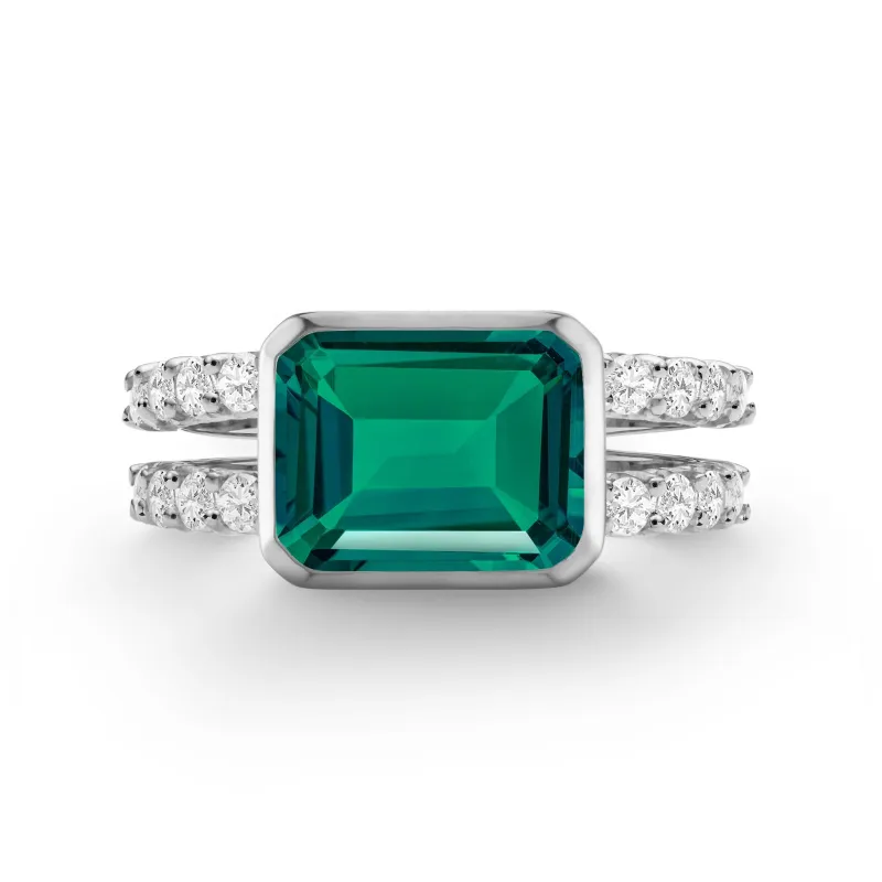 The Vault: Warren Horizontal Emerald Ring with Diamonds, White Gold Size 7.5 made by Haverhill