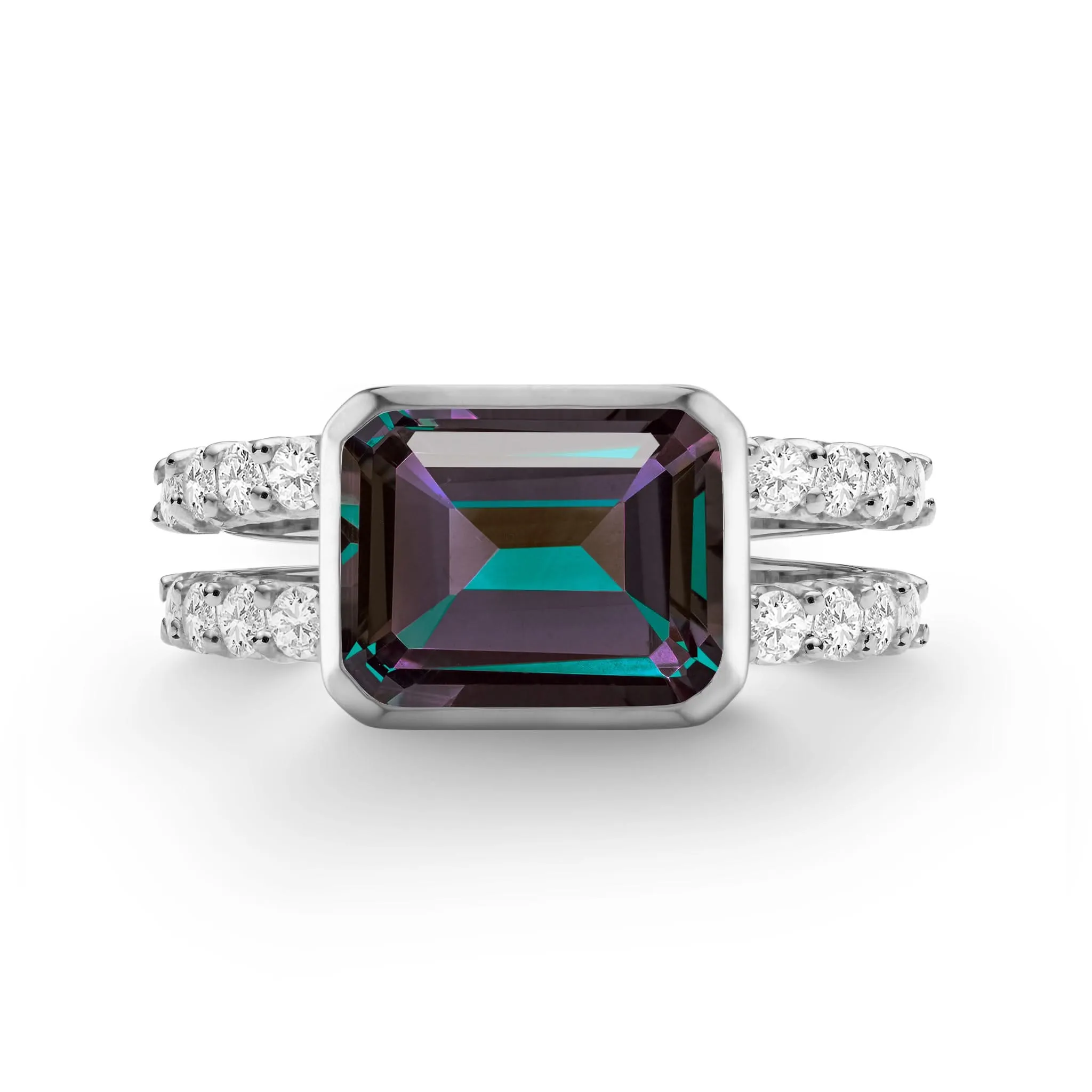 The Vault: Warren Horizontal Alexandrite Ring with Diamonds, White Gold Size 7 sold by Haverhill