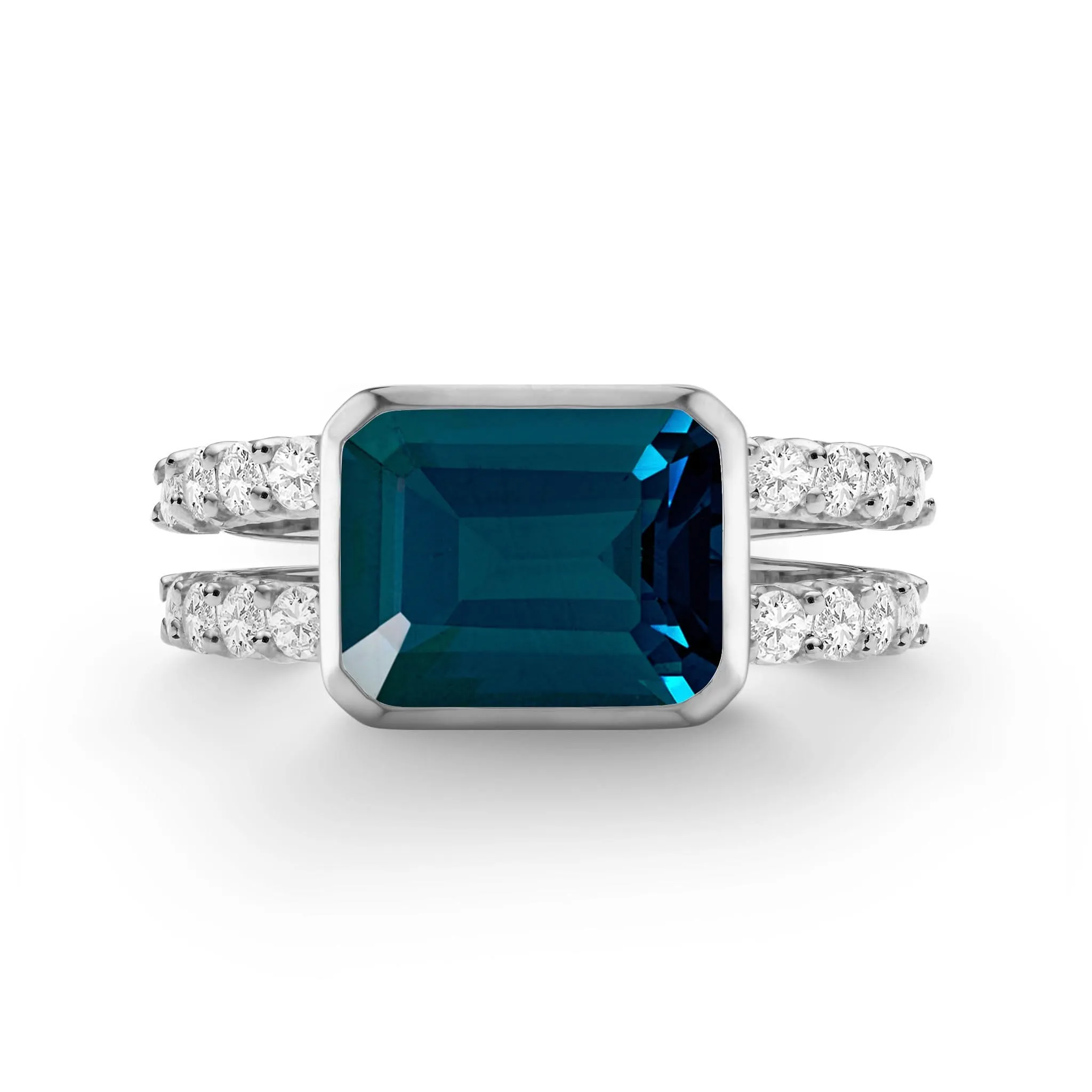 The Vault: Warren Horizontal Atlantic Blue Topaz Ring with Diamonds, White Gold Size 4.5 sold by Haverhill