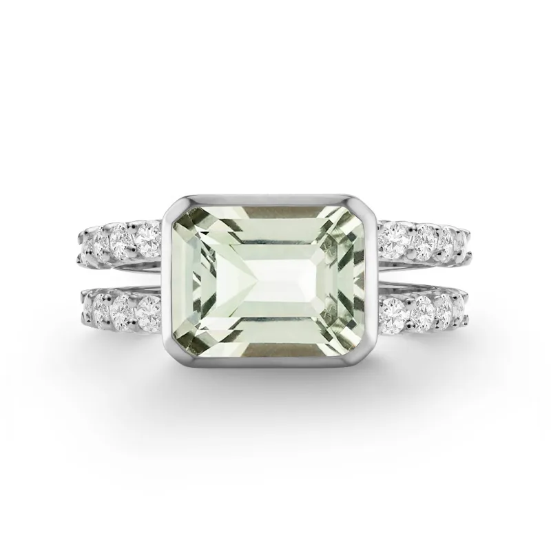 The Vault: Warren Horizontal Green Amethyst Ring with Diamonds, White Gold Size 7 made by Haverhill