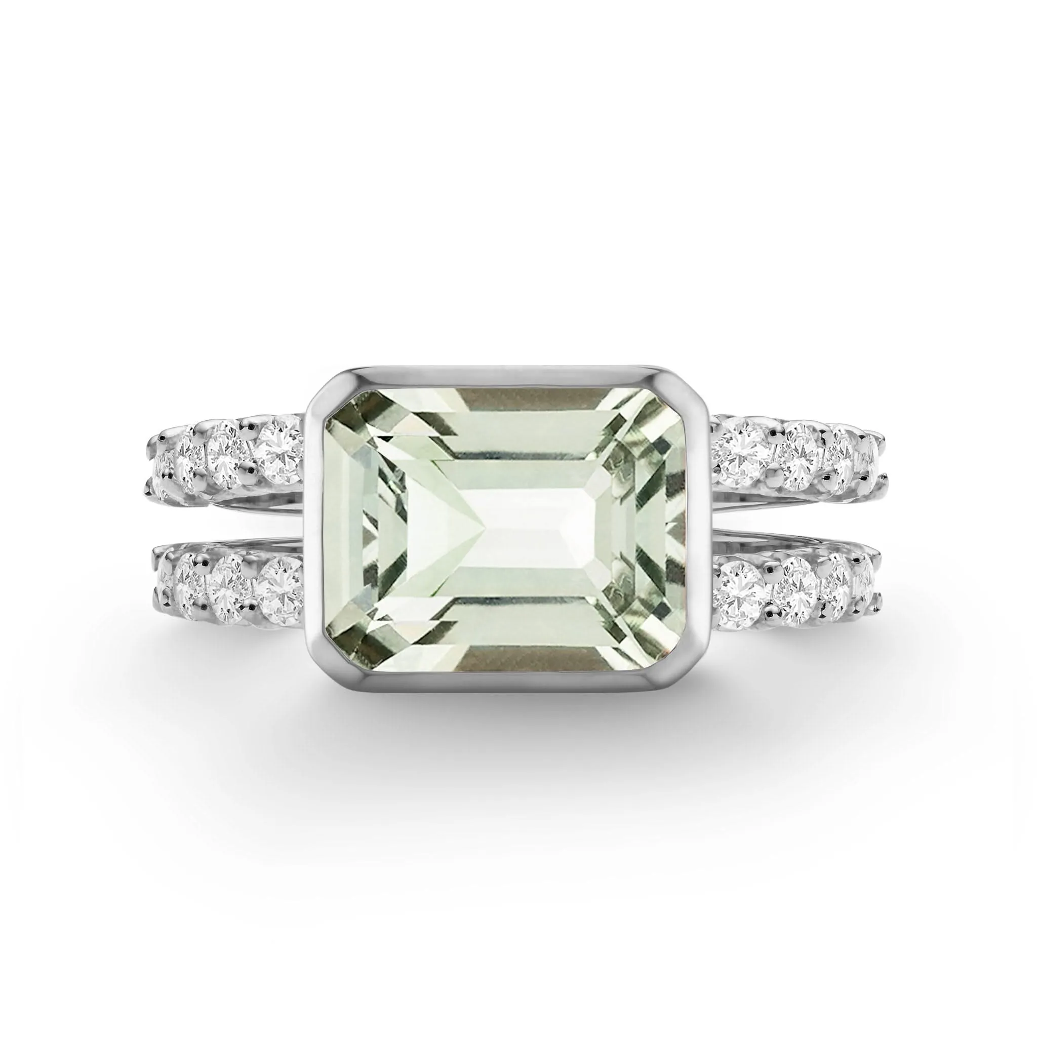The Vault: Warren Horizontal Green Amethyst Ring with Diamonds, White Gold Size 7 sold by Haverhill