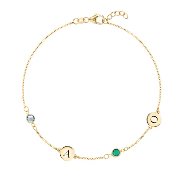 Personalized Classic 2 Letter & 2 Birthstone Bracelet in 14k Gold sold by Haverhill