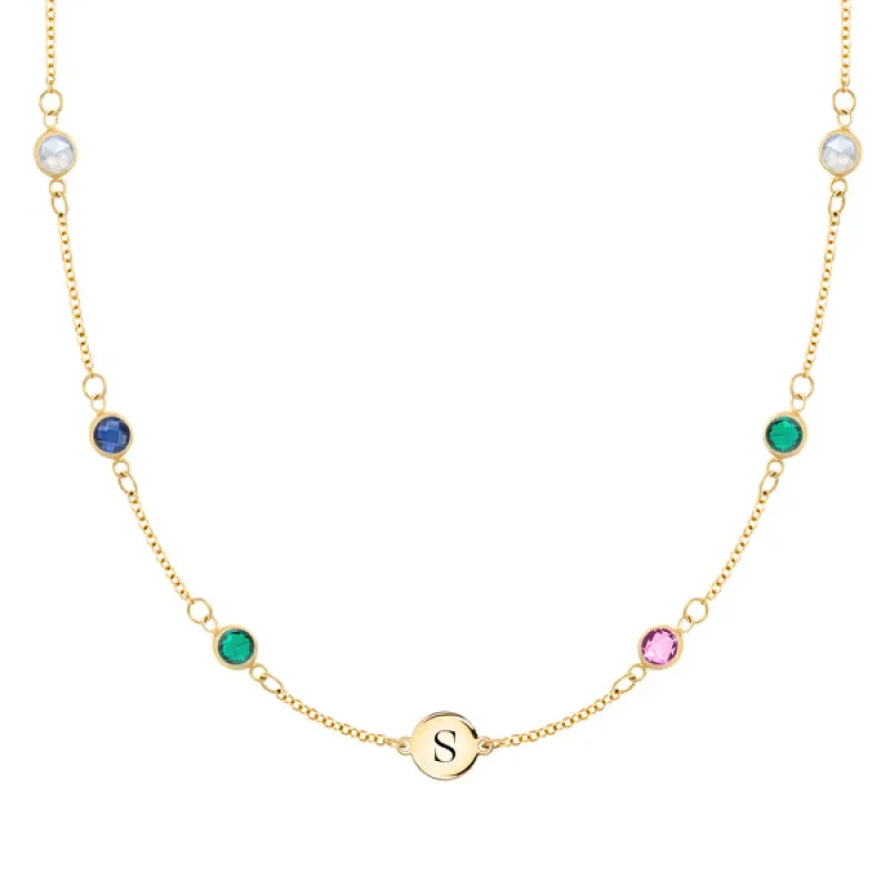 Personalized Classic 1 Letter & 6 Birthstone Necklace in 14k Gold (Double Spacing) sold by Haverhill