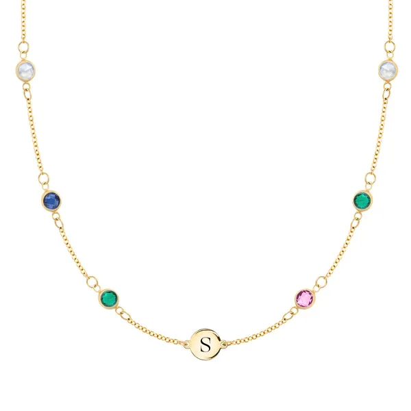Personalized Classic 1 Letter & 6 Birthstone Necklace in 14k Gold (Double Spacing) sold by Haverhill