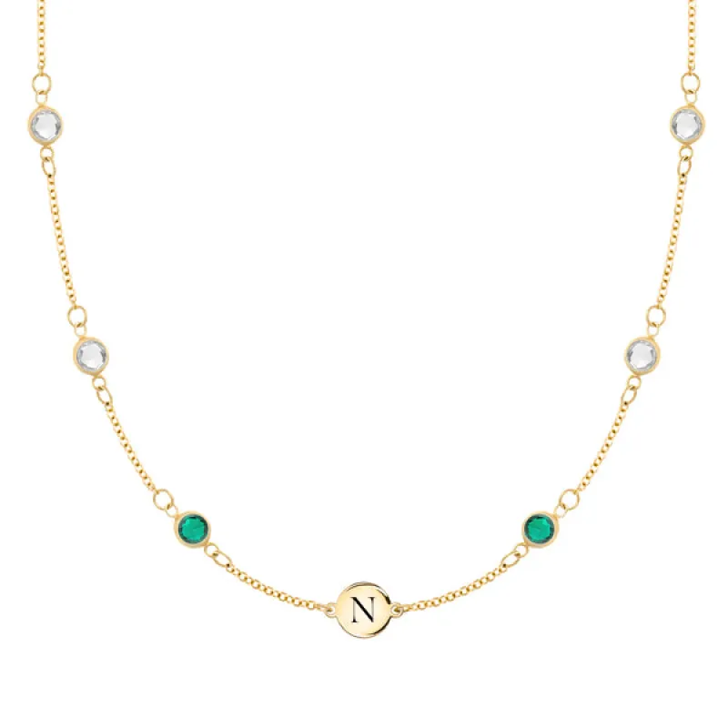 Personalized Classic 1 Letter & 6 Birthstone Necklace in 14k Gold (Double Spacing) sold by Haverhill