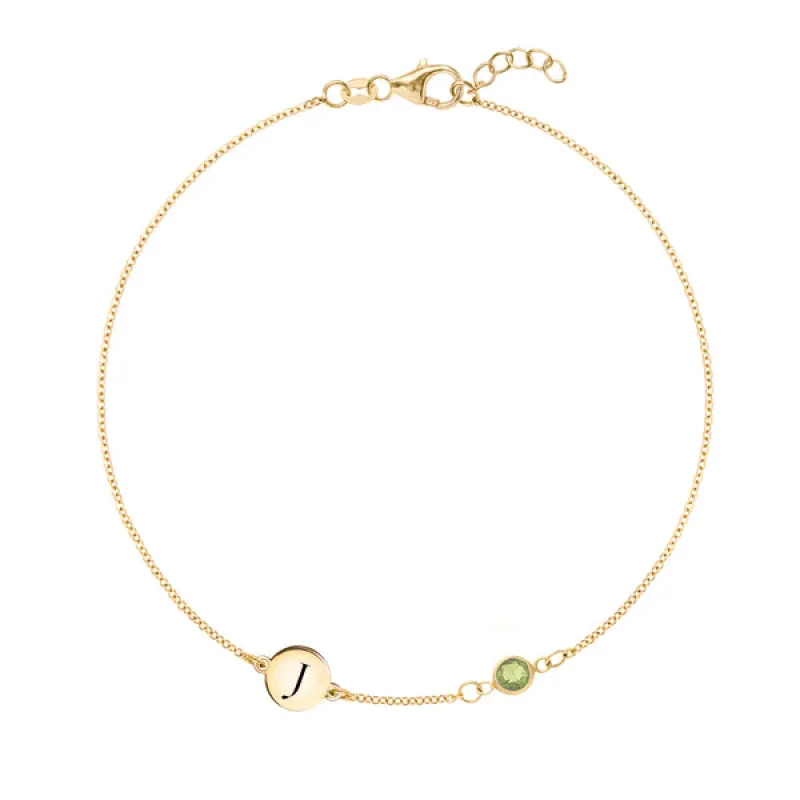 Personalized 1 Letter & 1 Classic Peridot Bracelet in 14k Gold (August) sold by Haverhill