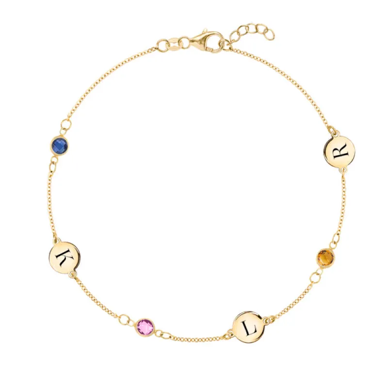 Personalized Classic 3 Letter & 3 Birthstone Bracelet in 14k Gold sold by Haverhill