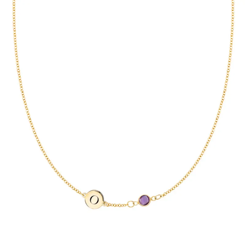 Personalized Classic 1 Letter & 1 Birthstone Necklace in 14k Gold (Single Spacing) sold by Haverhill