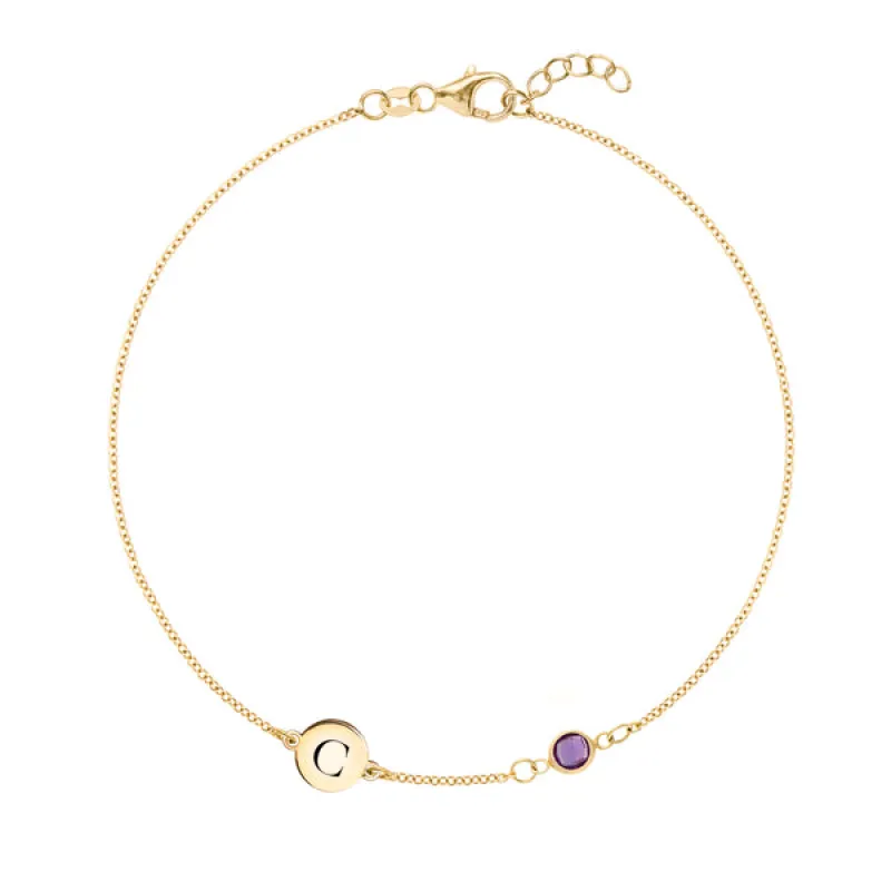 Personalized Classic 1 Letter & 1 Amethyst Bracelet in 14k Gold (February) sold by Haverhill