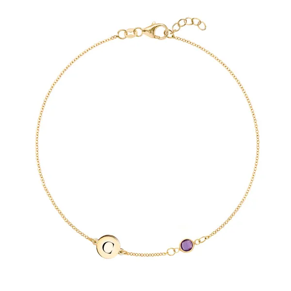 Personalized Classic 1 Letter & 1 Amethyst Bracelet in 14k Gold (February) sold by Haverhill