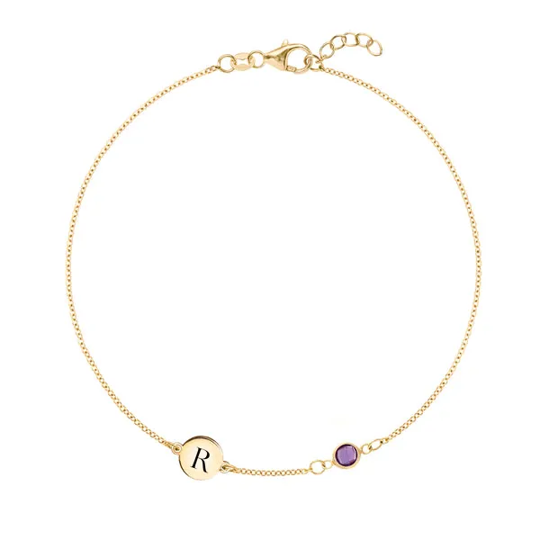 Personalized Classic 1 Letter & 1 Amethyst Bracelet in 14k Gold (February) sold by Haverhill