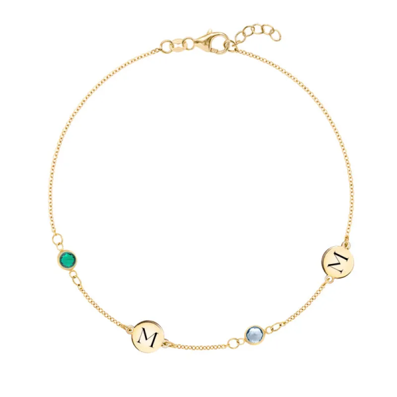 Personalized Classic 2 Letter & 2 Birthstone Bracelet in 14k Gold sold by Haverhill