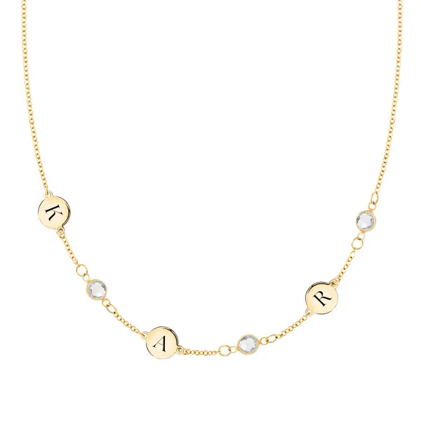 Personalized Classic 3 Letter & 3 Birthstone Necklace in 14k Gold (Single Spacing) sold by Haverhill