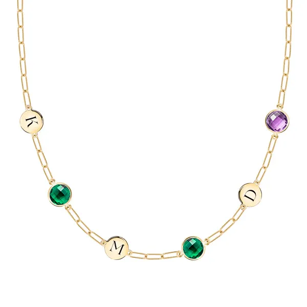 Personalized 3 Letter & 3 Grand Birthstone Adelaide Mini Necklace in 14k Gold sold by Haverhill