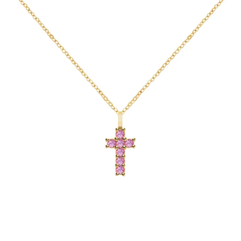 Rosecliff Small Cross Pink Sapphire Pendant in 14k Gold (October) sold by Haverhill