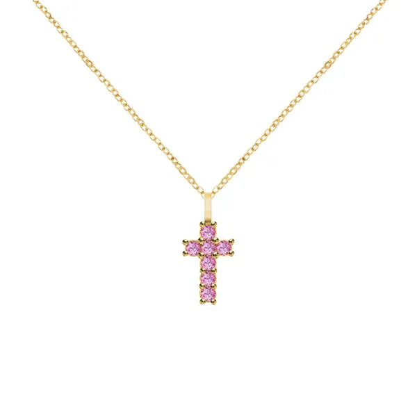 Rosecliff Small Cross Pink Sapphire Pendant in 14k Gold (October) sold by Haverhill