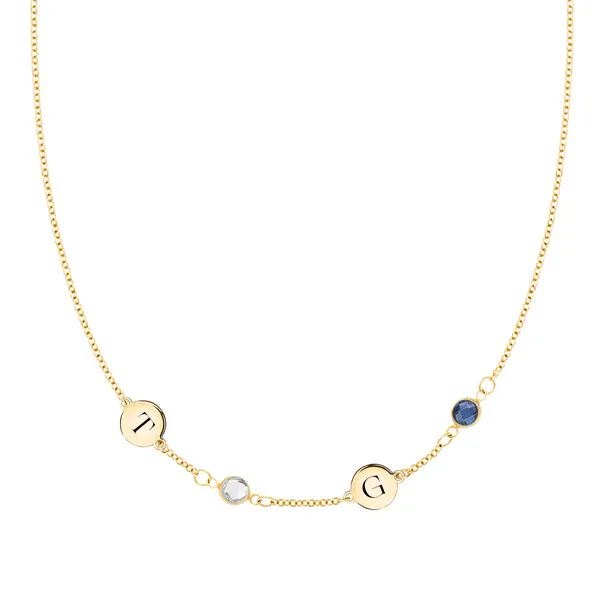 Personalized Classic 2 Letter & 2 Birthstone Necklace in 14k Gold (Single Spacing) sold by Haverhill