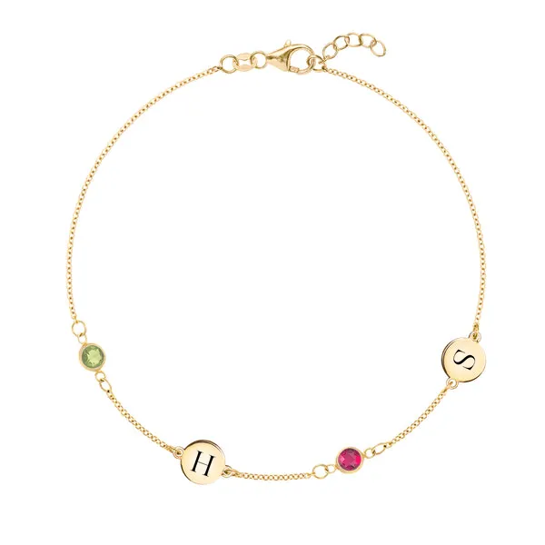 Personalized Classic 2 Letter & 2 Birthstone Bracelet in 14k Gold sold by Haverhill