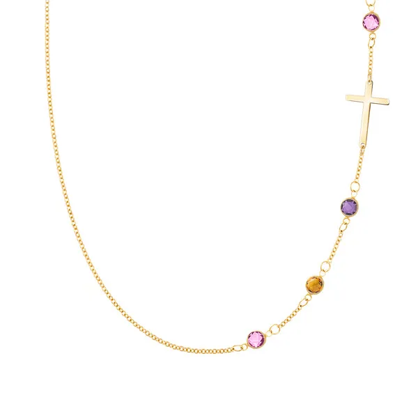 Personalized Classic Cross & 4 Birthstone Necklace in 14k Gold sold by Haverhill