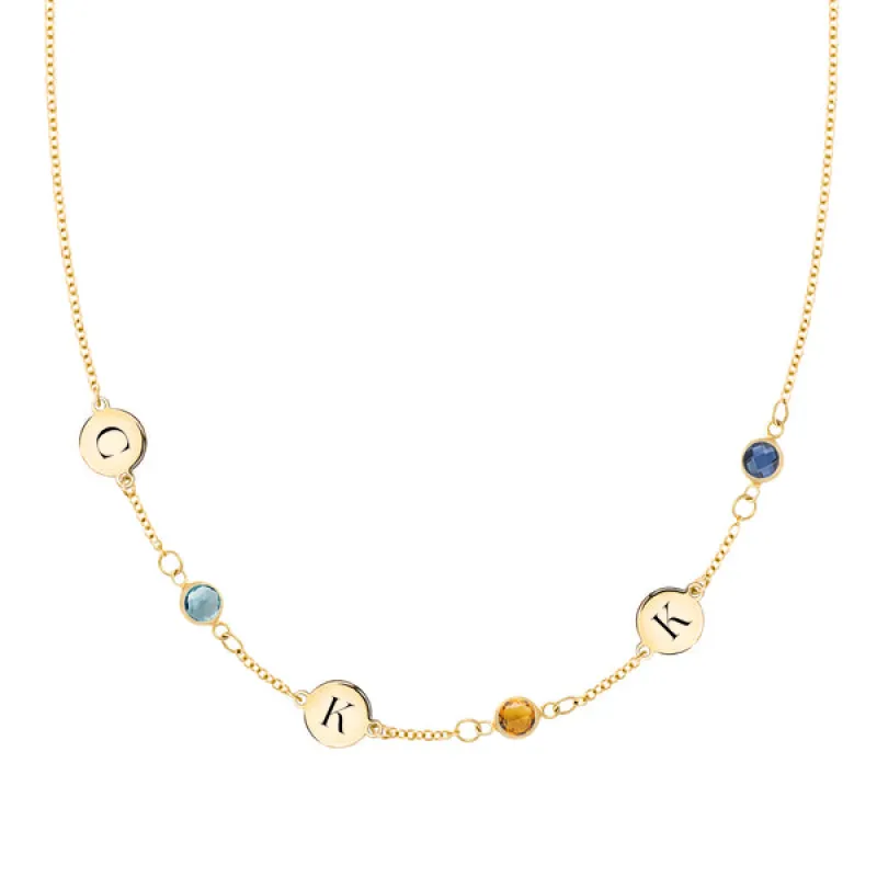 Personalized Classic 3 Letter & 3 Birthstone Necklace in 14k Gold (Single Spacing) sold by Haverhill